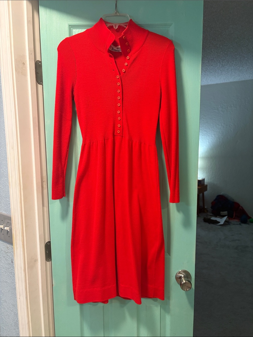 Vintage 1970s Red Long-Sleeve Button-Front Women's Sweater Dress